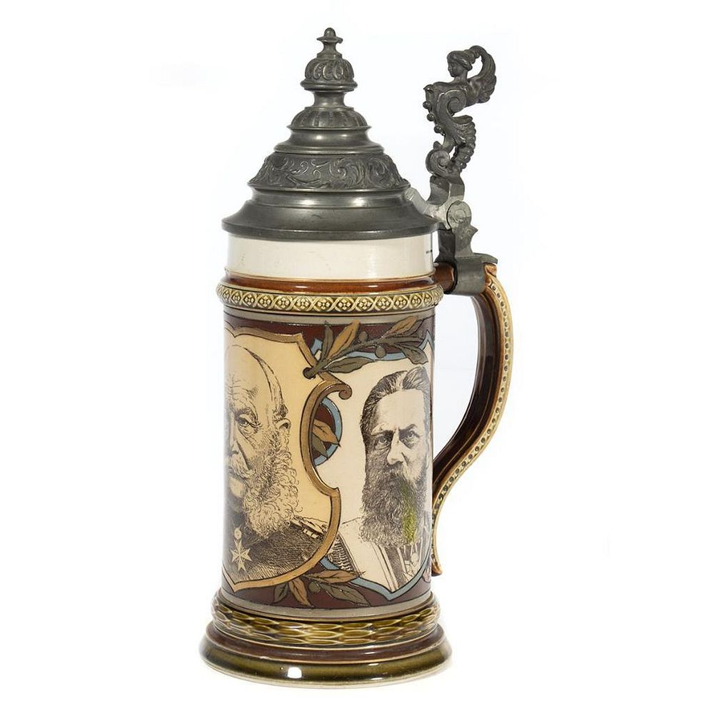 Appraisal: Mettlach Ceramic and Pewter Beer Stein Depicting portraits of Wilhelm