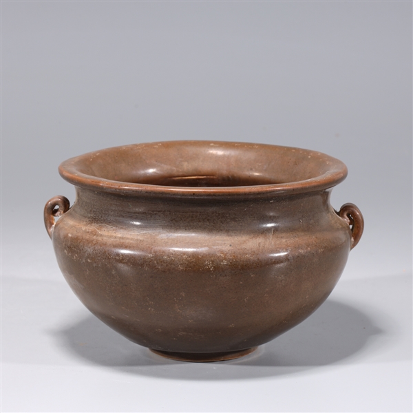 Appraisal: Chinese brown glazed ceramic vessel with molded handles some wear