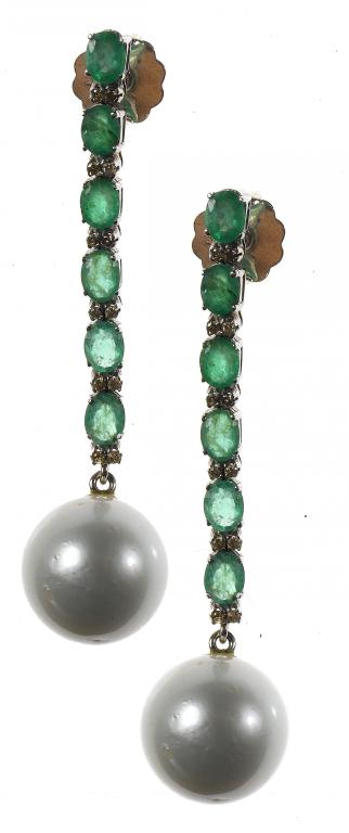 Appraisal: A PAIR OF EMERALD DIAMOND AND CULTURED PEARL EARRINGS the