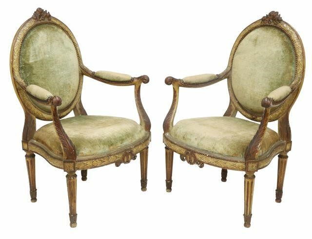 Appraisal: pair French Louis XVI style medallion-back armchairs th c having