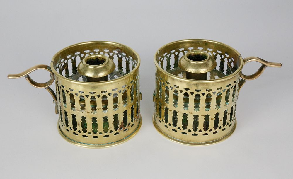 Appraisal: Pair English Brass and Glass Pierced Chambersticks circa Pair of