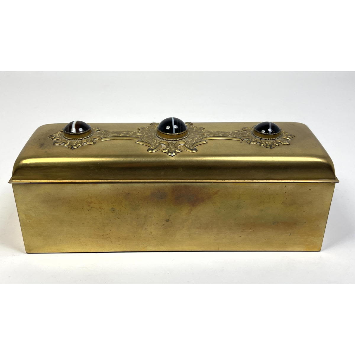 Appraisal: Antique Brass Glove Box Lined Hinged Lid has applied Ornament