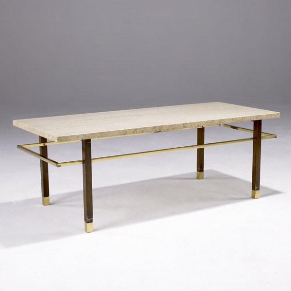 Appraisal: HARVEY PROBBER Coffee table with travertine top on mahogany and