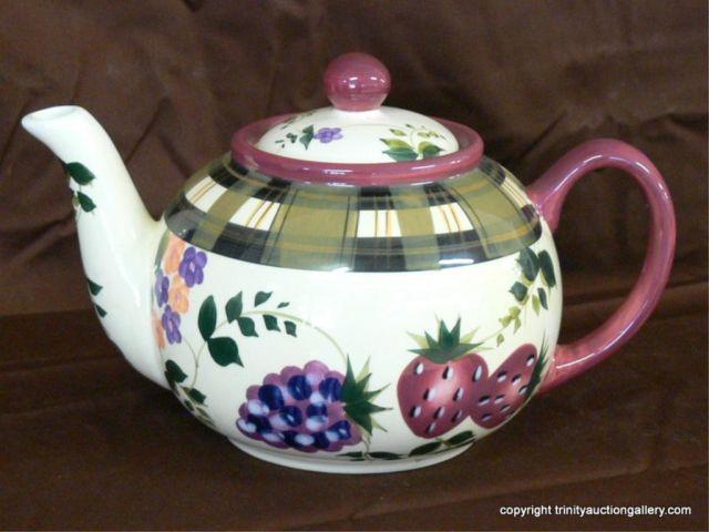 Appraisal: Oneida Strawberry Plaid Ceramic Pottery Tea Pot - very nice