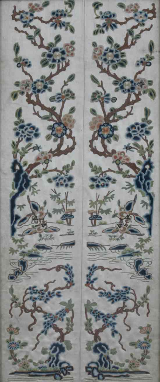 Appraisal: CHINESE EMBROIDERED SILK PANEL Worked in Peking stitch to depict