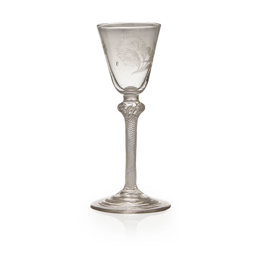 Appraisal: JACOBITE ENGRAVED AIR TWIST WINE GLASS MID TH CENTURY the