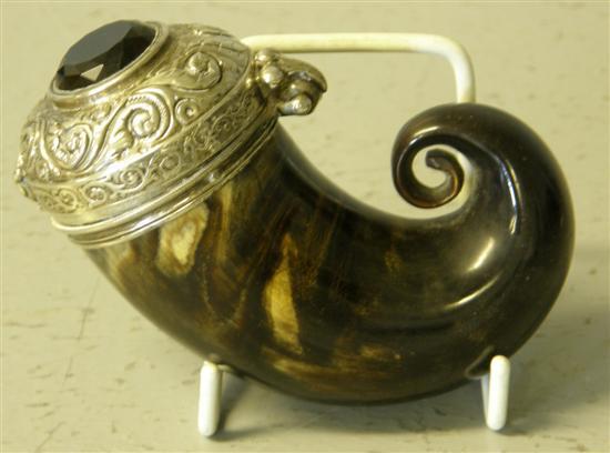 Appraisal: th century white metal jewelled horn snuff mull the cover