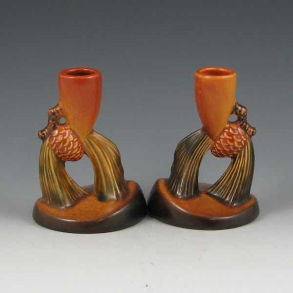 Appraisal: Roseville brown Pine Cone candleholders Marked Roseville USA - Mint