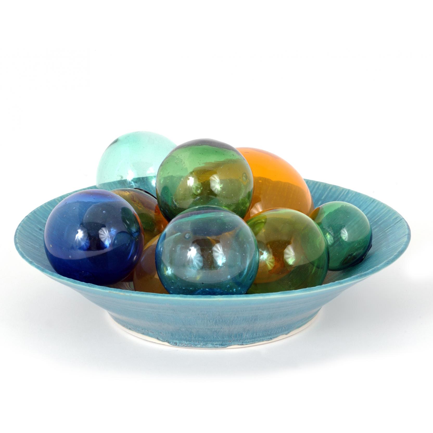 Appraisal: Modernist Pottery Center Bowl and Glass Orbs high fired blue