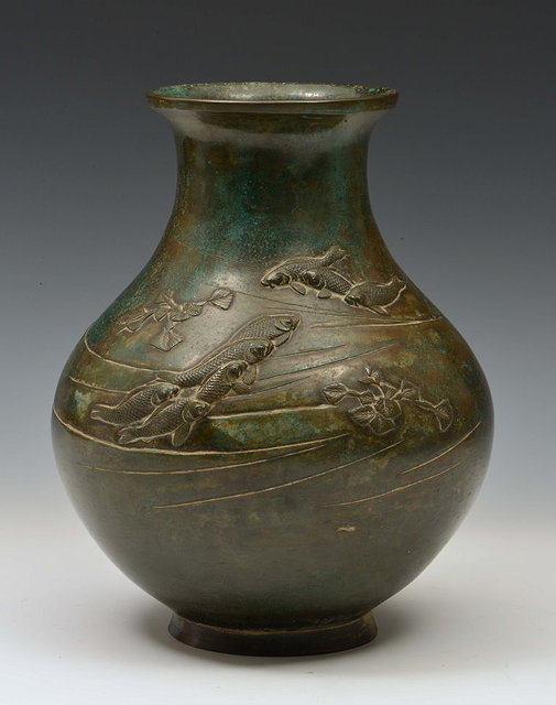 Appraisal: A JAPANESE BRONZE PEAR-SHAPED VASE decorated with stream fish and