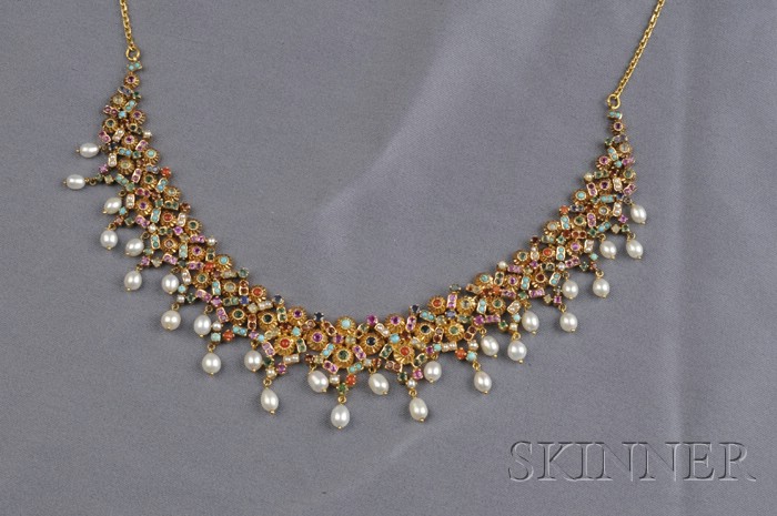 Appraisal: kt Gold Pearl and Gem-set Necklace designed as hinged links