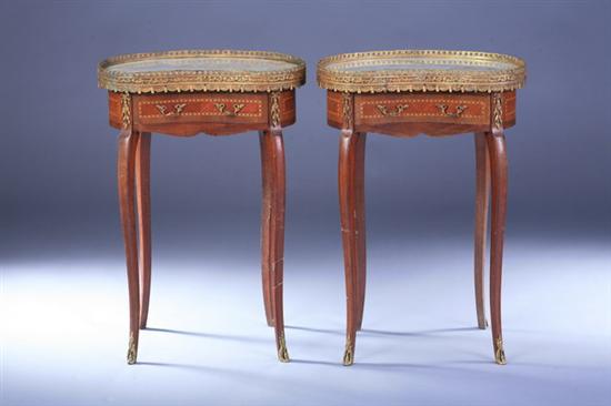 Appraisal: PAIR TRANSITIONAL PETITE MARBLE-TOP INLAID KIDNEY SHAPE COMMODES Early th