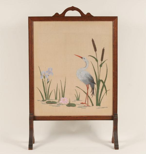 Appraisal: Embroidered firescreen with crane and waterlily Overall H x W