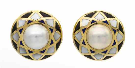 Appraisal: A Pair of Karat Yellow Gold Mabe Pearl Lapis Lazuli