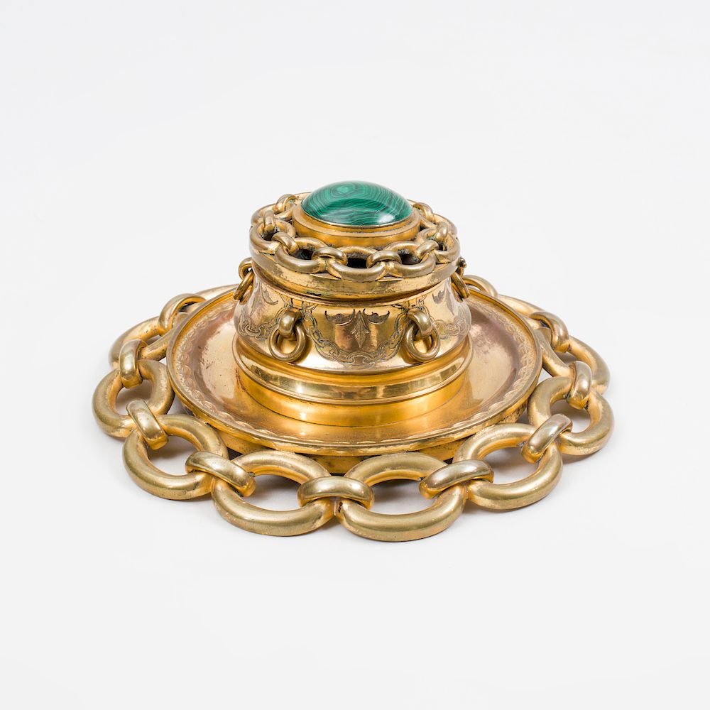 Appraisal: Napoleon III Brass-Mounted Malachite Inkwell With associated glass liner x