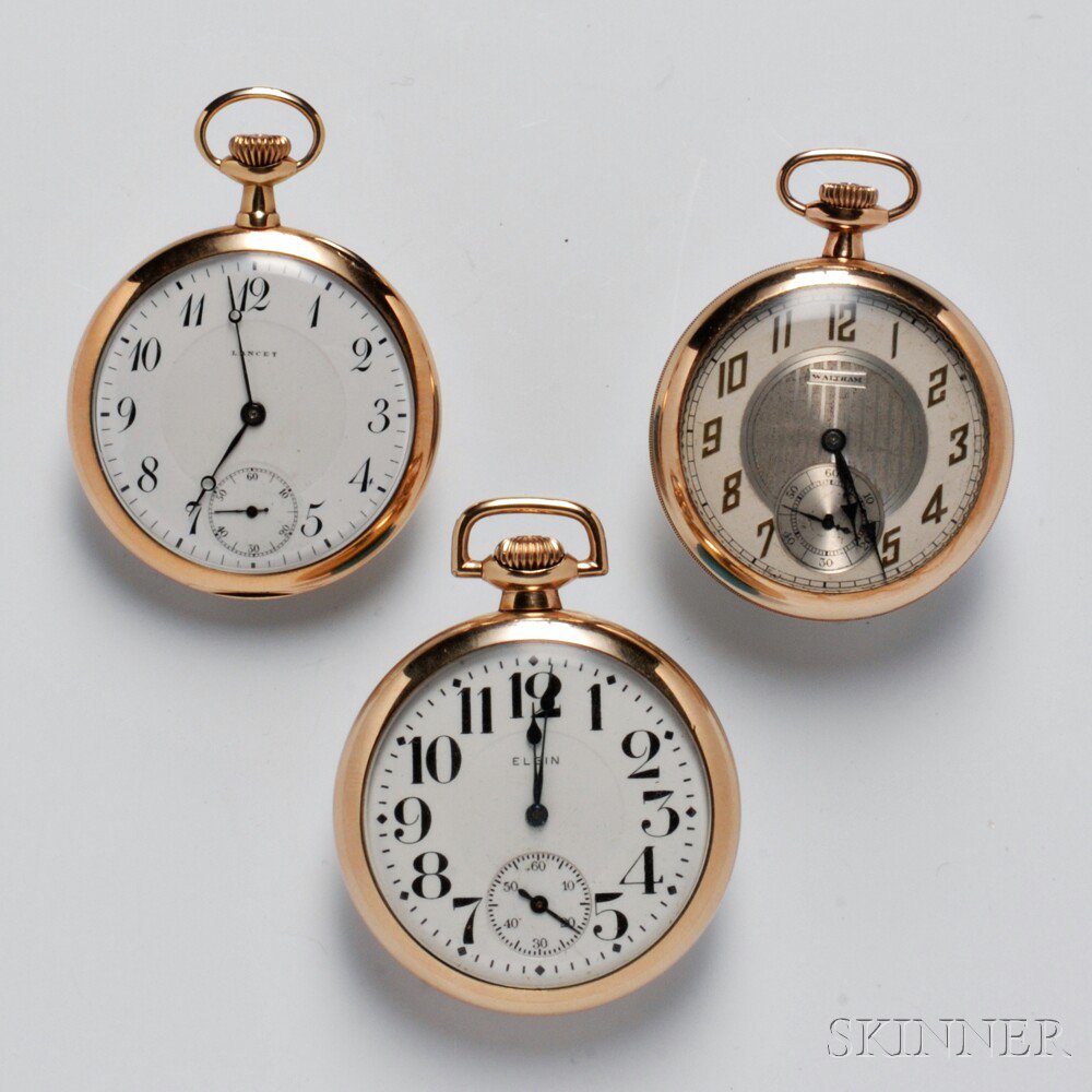 Appraisal: Three Open Face Pocket Watches Elgin Waltham and Lancet all