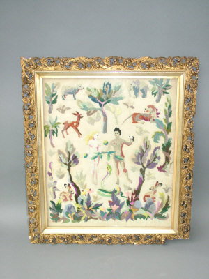 Appraisal: An unusual crewel work picture of naive style worked in