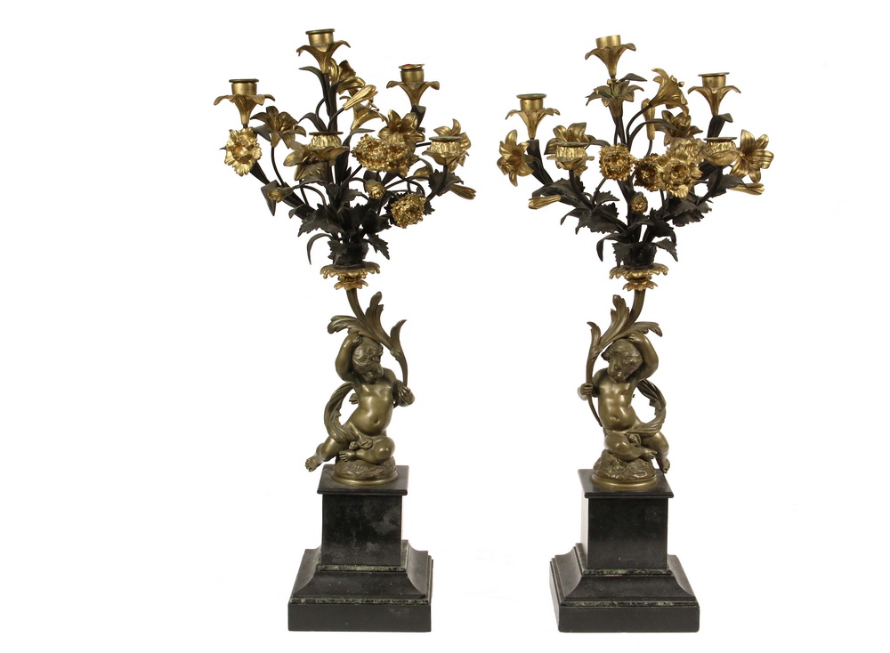 Appraisal: PAIR OF FRENCH BRONZE CANDELABRUM - Second Empire five stem