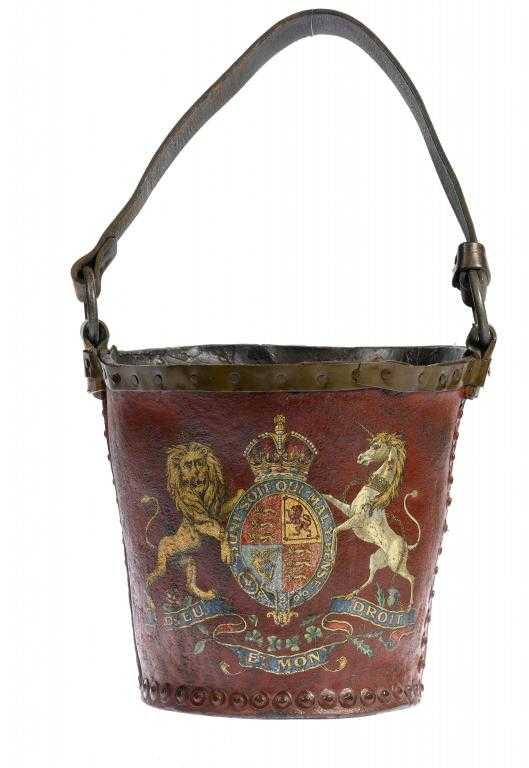 Appraisal: A SCARLET LEATHER FIRE BUCKET emblazoned with the post royal