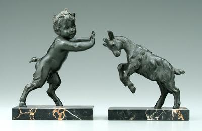 Appraisal: Pair spelter bookends after Cartier faun goat patinated spelter on