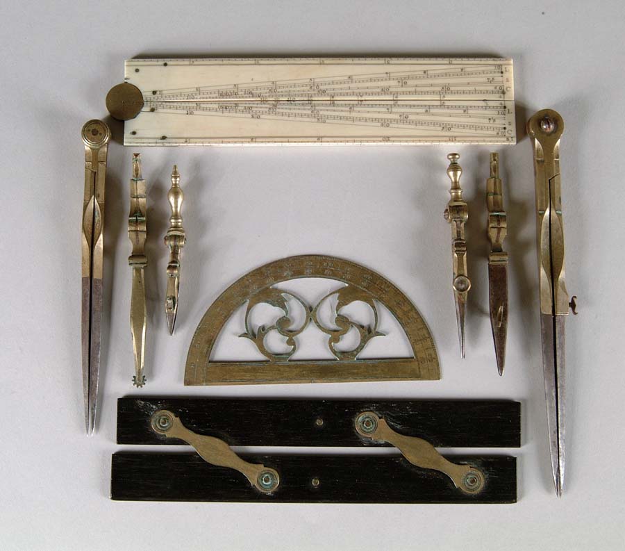 Appraisal: ANTIQUE DRAFTING SET Wonderful set includes ivory folding rule pierced