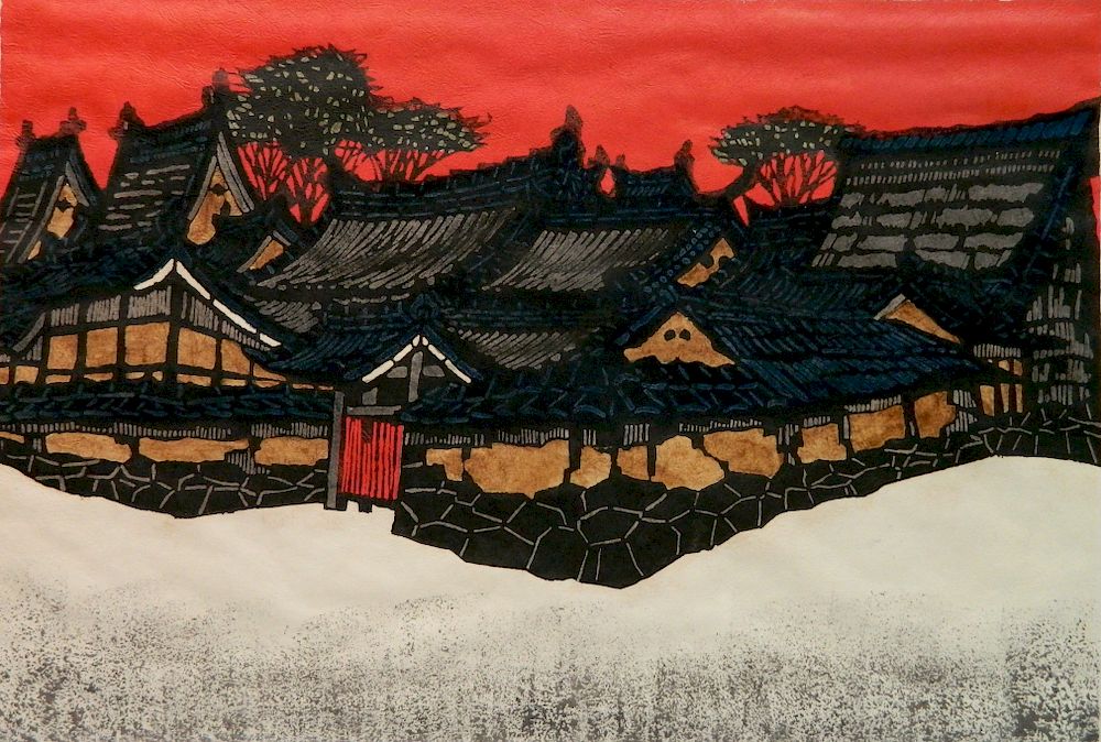 Appraisal: Kan Kawada woodblock Kan Kawada Japanese - - Red Wall