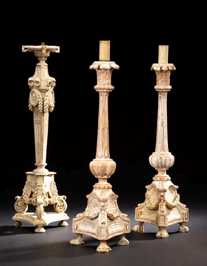 Appraisal: Tall Pair of Italian Carved and White-Pickled Pine Tripodal Candlesticks