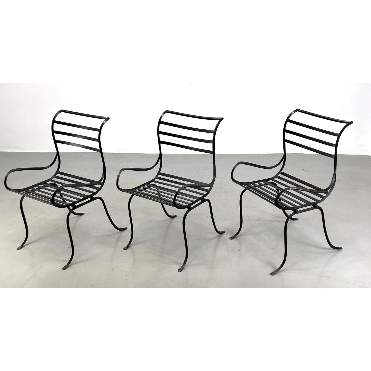 Appraisal: Set Outdoor Garden Iron Arm Chairs Slat Seats and Backrests