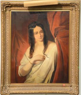 Appraisal: th century portrait oil on canvas Woman Holding Onto Red