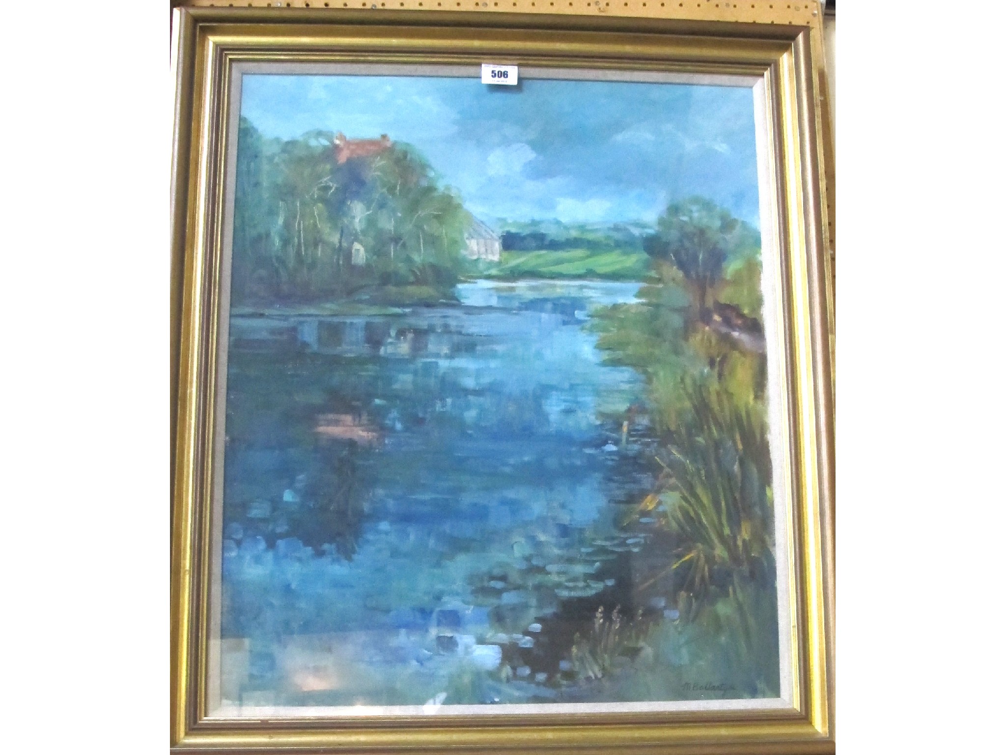 Appraisal: M BALLANTYNE Pastoral river view signed oil on canvas