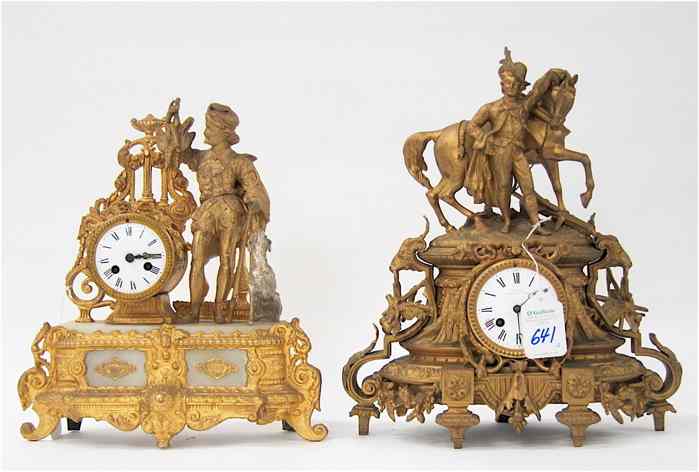 Appraisal: TWO FRENCH FIGURAL GILDED METAL MANTEL CLOCKS man horse clock