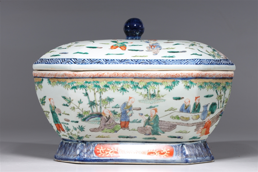 Appraisal: Chinese famille verte enameled porcelain covered serving dish with children