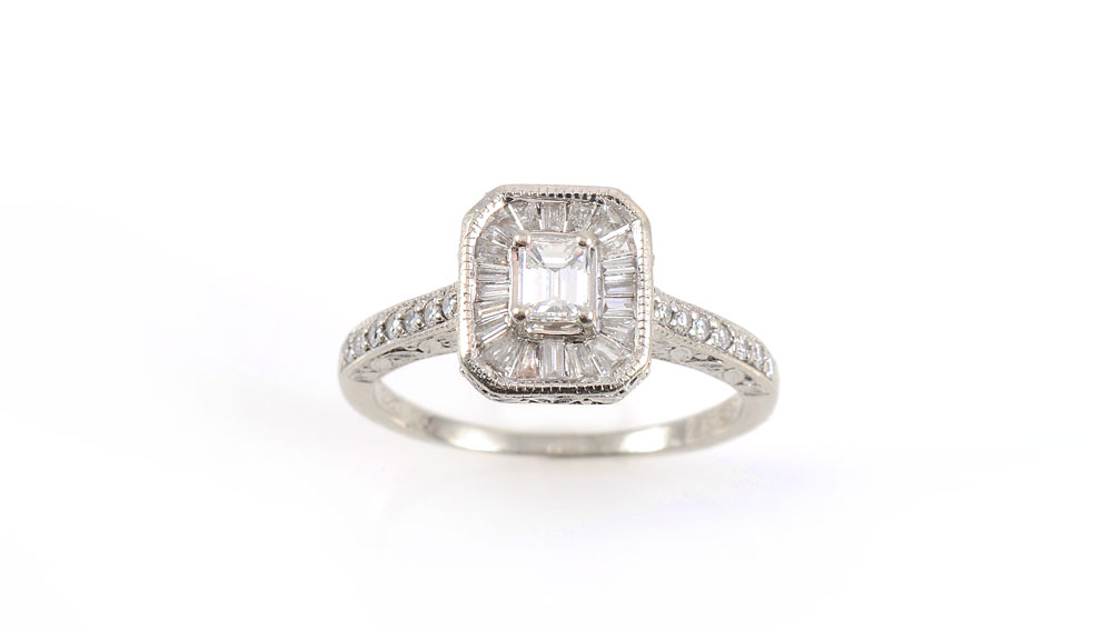 Appraisal: EMERALD CUT DIAMOND RING k white gold ring centering an