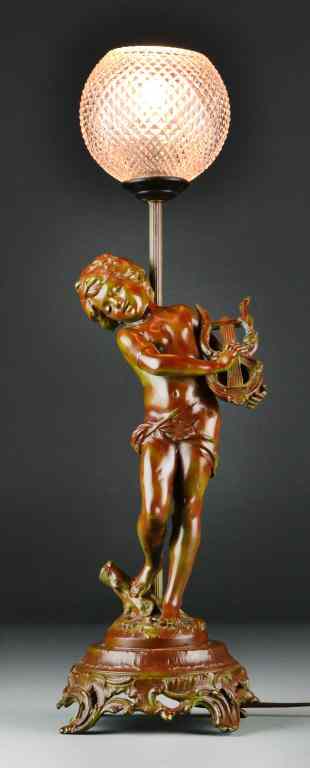 Appraisal: Spelter Table Lamp with Glass ShadeDepicting young bouy playing a