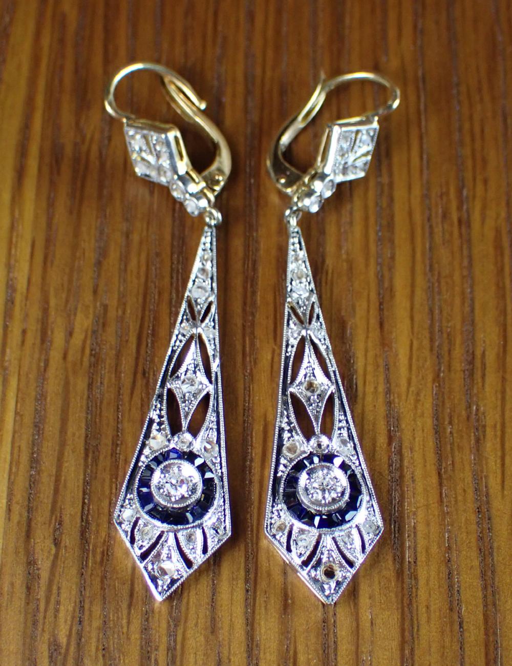 Appraisal: PAIR OF VINTAGE SAPPHIRE AND DIAMOND EARRINGS each Art Deco