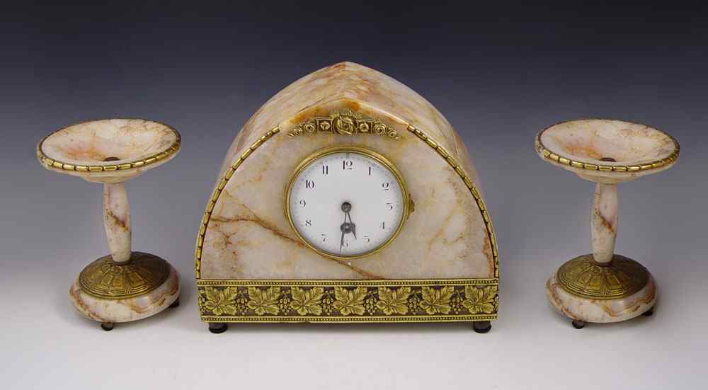 Appraisal: DECO MARBLE ORMOLU CLOCK GARNITURE SET Marble case with floral