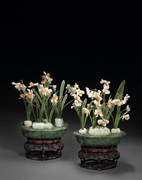 Appraisal: A pair of jade and hardstone flowering narcissus planters Each