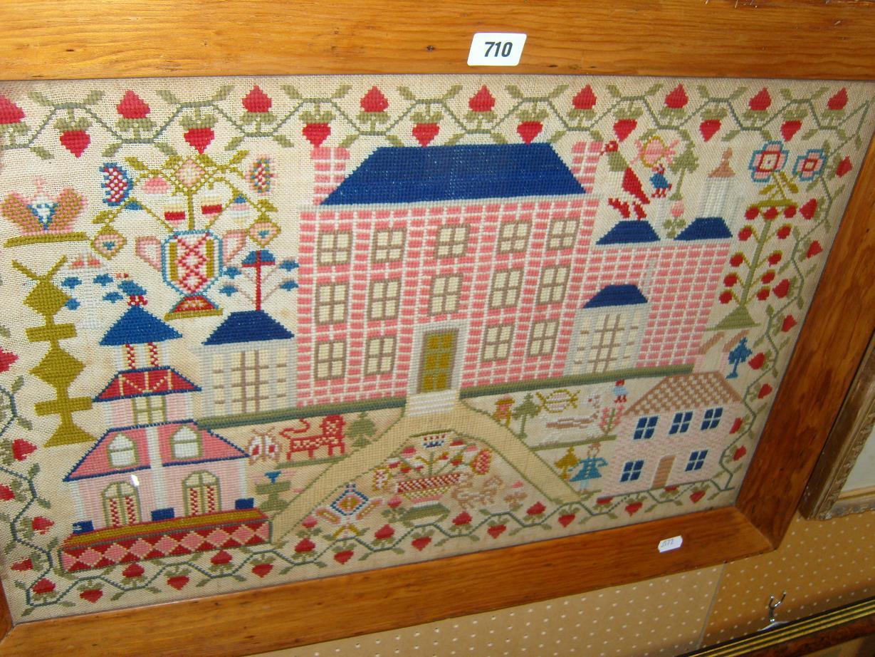 Appraisal: A th century needlework sampler incorporating a red brick mansion