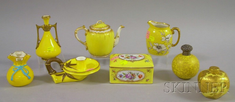 Appraisal: Eight Assorted Decorated Yellow Ground Porcelain Table Items a Limoges