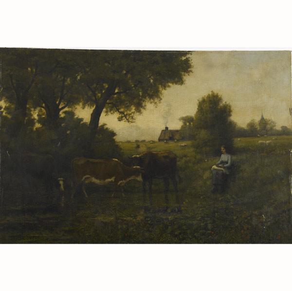 Appraisal: th C AMERICAN PASTORAL SCENE Untitled oil on canvas mounted