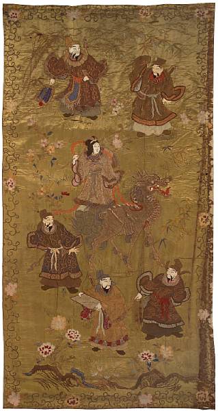 Appraisal: A massive yellow satin embroidered hanging th Century The dark