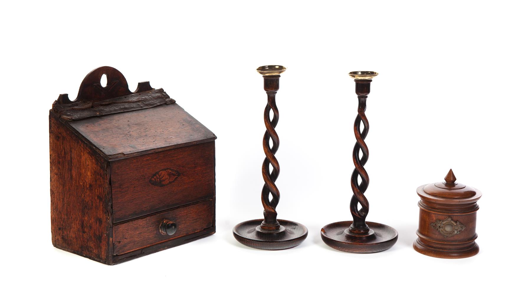 Appraisal: FOUR WOODEN ITEMS English and American Pair of briar-twist candle