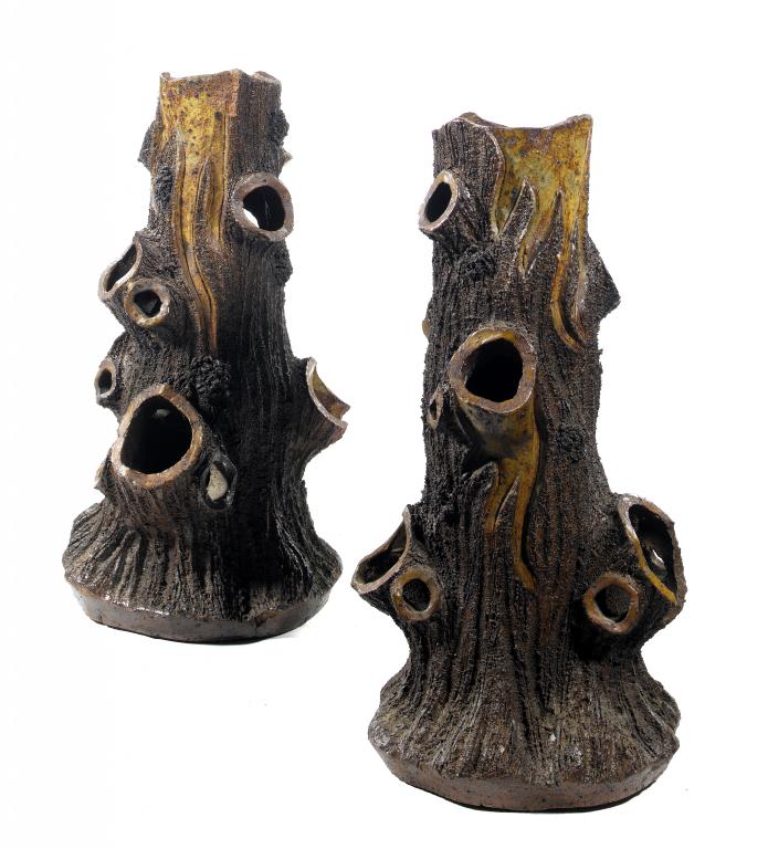 Appraisal: A PAIR OF SCOTTISH SALTGLAZED STONEWARE RUSTIC PLANT HOLDERS in