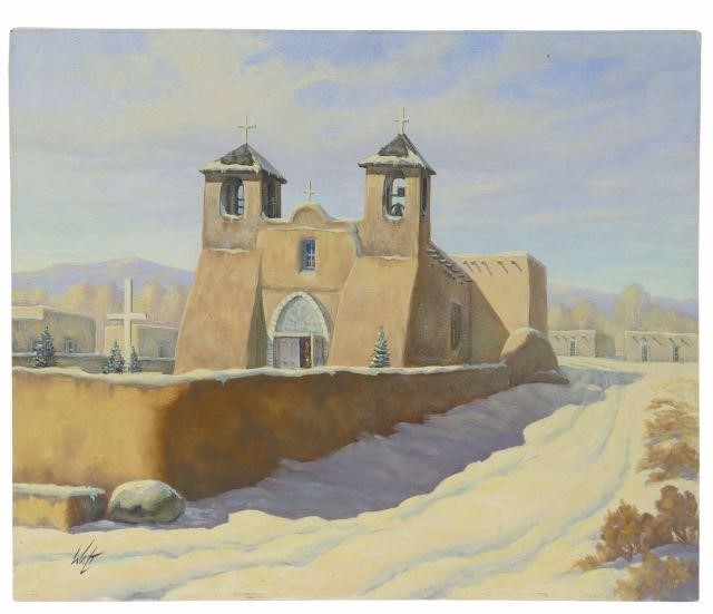 Appraisal: Unframed oil on Masonite painting San Francisco de Asis Mission