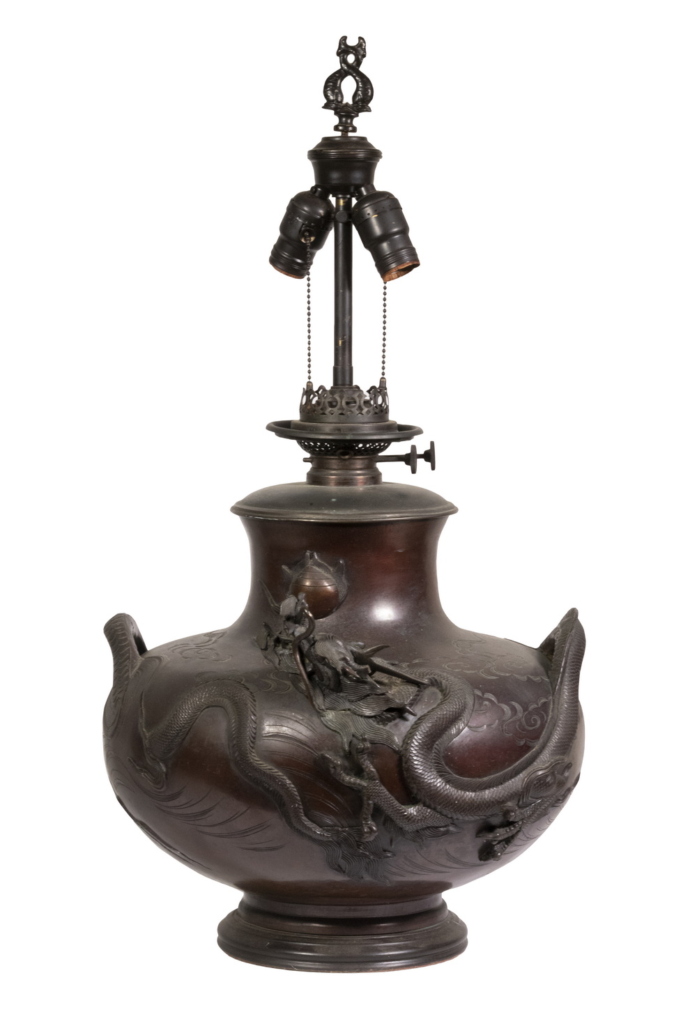 Appraisal: LARGE CHINESE BRONZE DRAGON VASE AS ELECTRIFIED OIL LAMP BASE