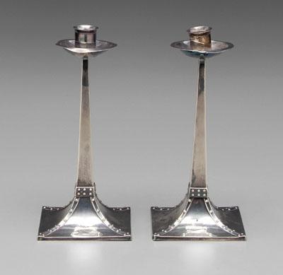 Appraisal: Pair English silver candlesticks Arts and Crafts style squared tapering