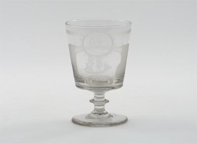 Appraisal: A glass rummer the bucket-shaped bowl engraved with a ship