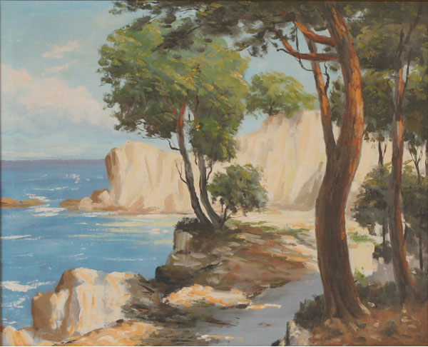 Appraisal: Rocky coastal scene with trees near the shore x unsigned