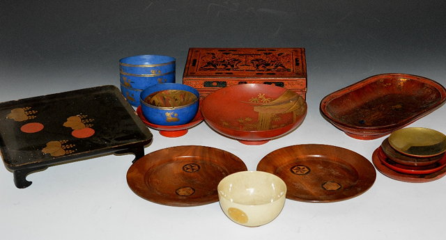 Appraisal: A collection of Japanese lacquer sake dishestogether with four Burmese