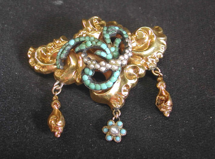 Appraisal: American Fourteen-Karat Yellow Gold Pearl and Turquoise Brooch ca the